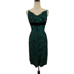 Vtg 60s Green Wiggle Dress With Black Lace Overlay Empire Waist 26" Cocktail